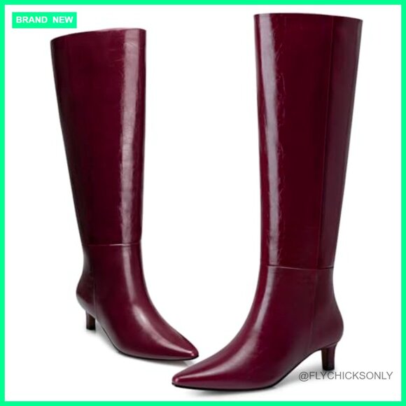 Knee High Boots with Kitten Heel, Wide Calf, Pointed Toe, PU Leather - Picture 5 of 7